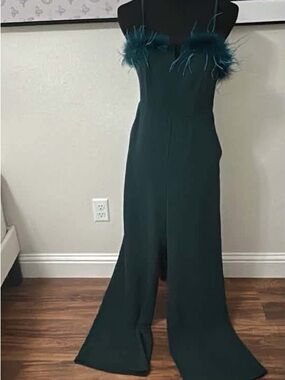 Women's Hunter Green  Feather-Trim Evening Pants Suit